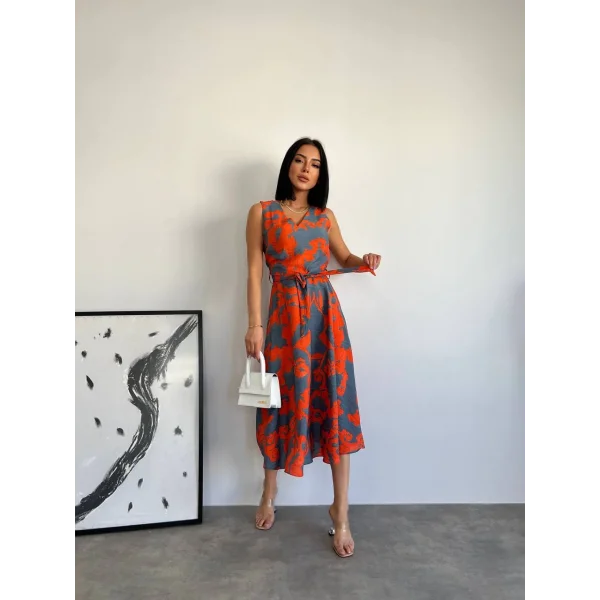 Desenli Keten Karışım Elbise