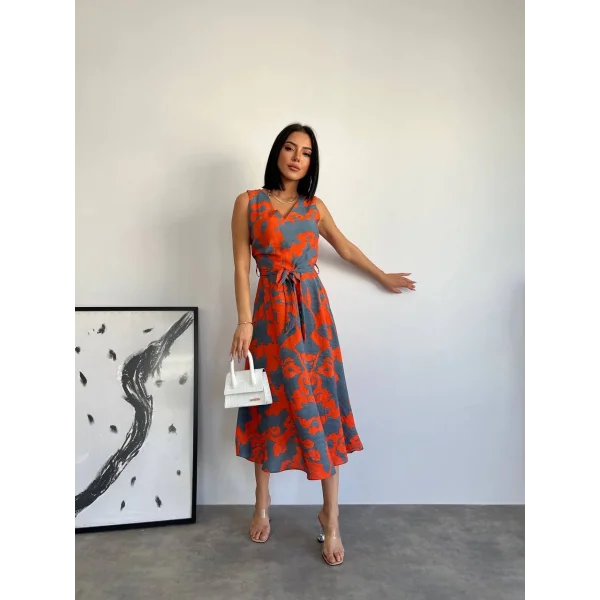 Desenli Keten Karışım Elbise