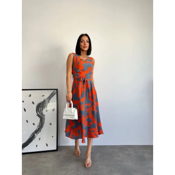 Desenli Keten Karışım Elbise