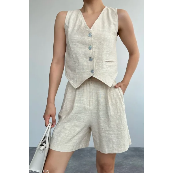 Ekru Keten Şort Yelek Takım