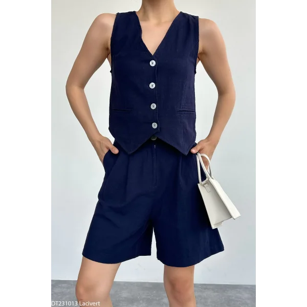 Lacivert Keten Şort Yelek Takım