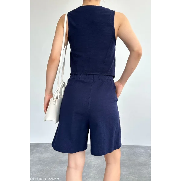 Lacivert Keten Şort Yelek Takım