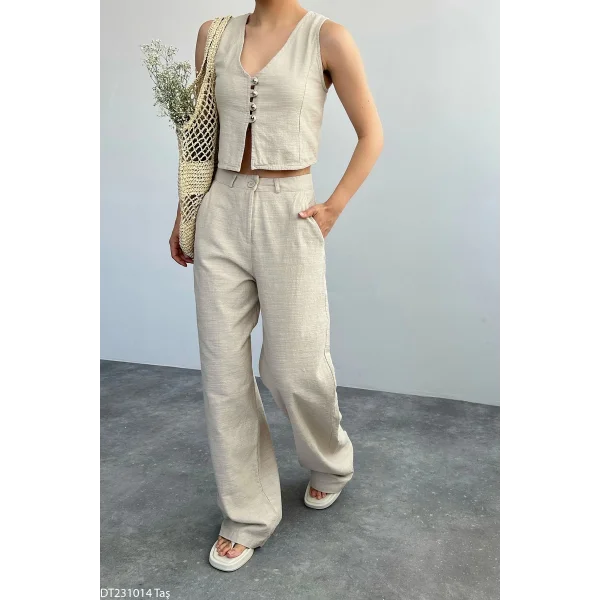 Ekru Keten Pantolon Yelek Takım