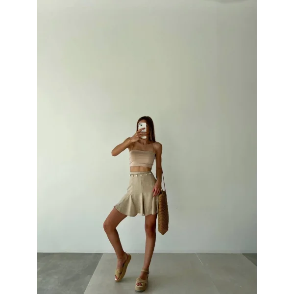 Volanlı Zincir Detaylı Keten Şort Etek