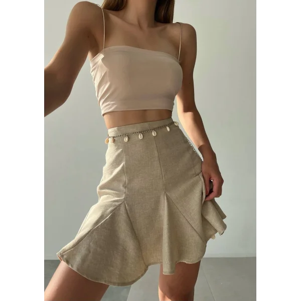 Volanlı Zincir Detaylı Keten Şort Etek