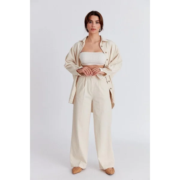 EKRU KALIN KETEN PALAZZO PANTOLON