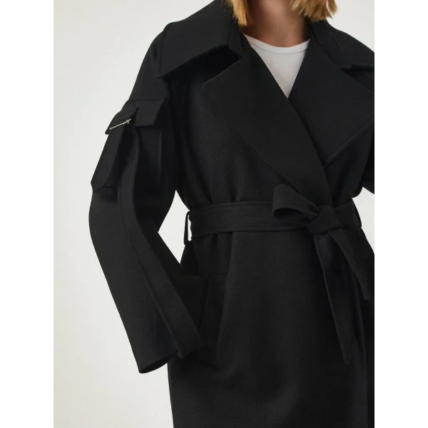 PREMİUM MODEL KOLDA CEP DETAYLI YÜN KABAN SİYAH