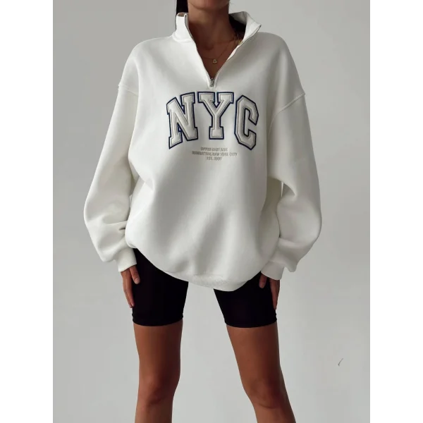 NYC Baskılı Fermuarlı Beyaz Sweatshirt