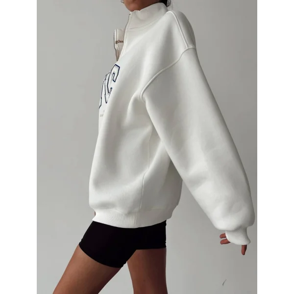 NYC Baskılı Fermuarlı Beyaz Sweatshirt