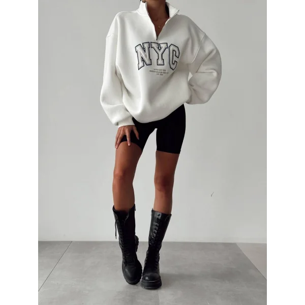 NYC Baskılı Fermuarlı Beyaz Sweatshirt