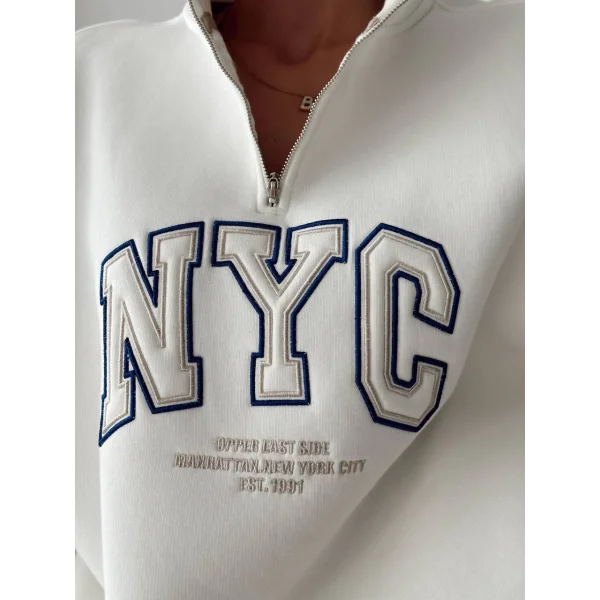 NYC Baskılı Fermuarlı Beyaz Sweatshirt