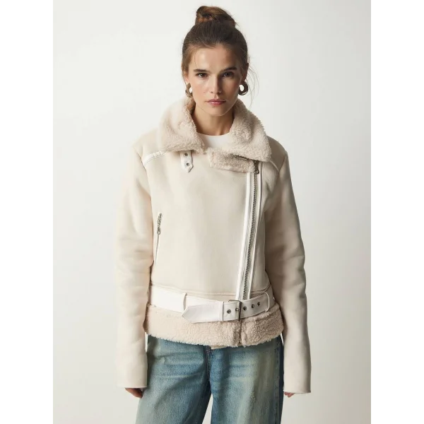 PELUŞ YAKA KEMERLİ EKRU NUBUK BİKER CEKET