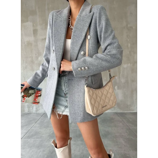 KAŞE DÜĞMELİ ASTARLI GRİ BLAZER CEKET KABAN