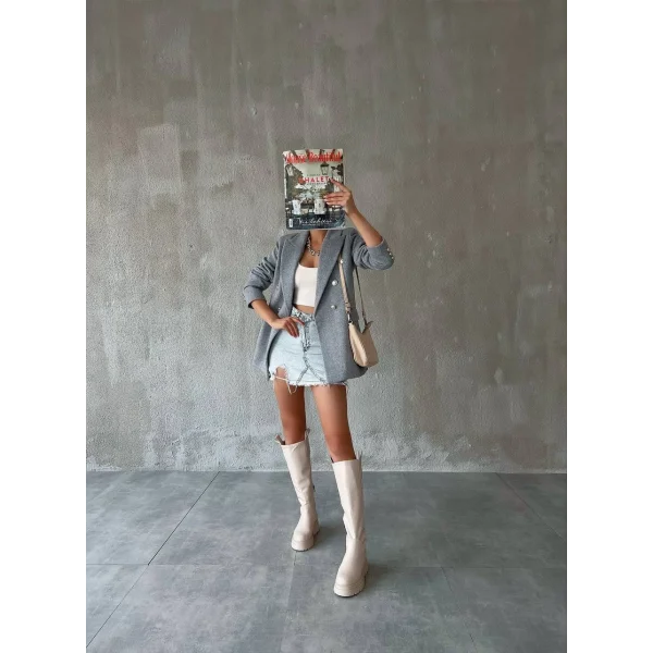 KAŞE DÜĞMELİ ASTARLI GRİ BLAZER CEKET KABAN