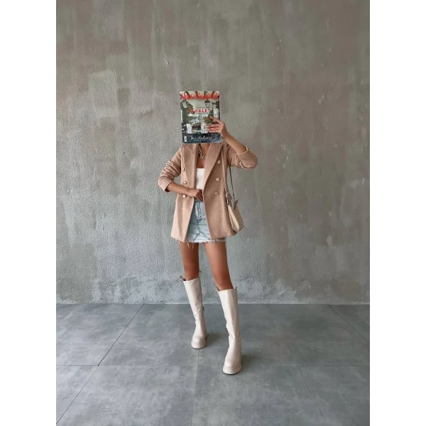 DÜĞMELİ ASTARLI KAHVERENGİ BLAZER KAŞE CEKET KABAN