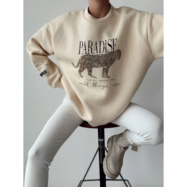 BASKI DETAYLI TAŞ RENK PAMUKLU SWEATSHİRT