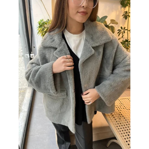 ALPAKA UZUN TÜYLÜ CEPLİ CEKET GRİ