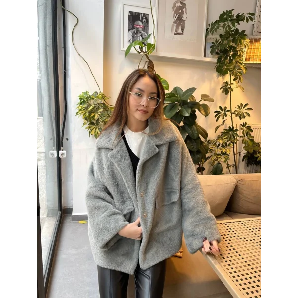 ALPAKA UZUN TÜYLÜ CEPLİ CEKET GRİ