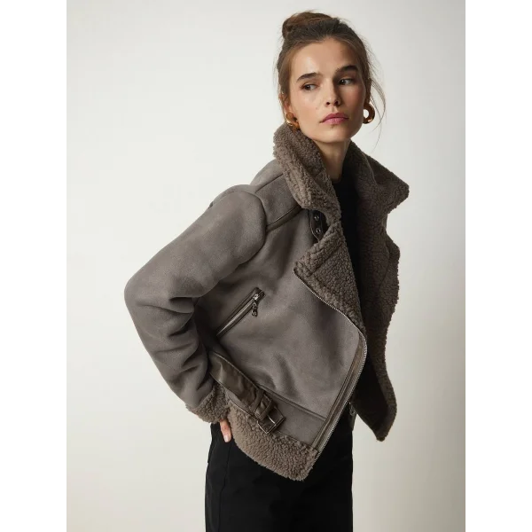 PELUŞ YAKA KEMERLİ GRİ NUBUK BİKER CEKET