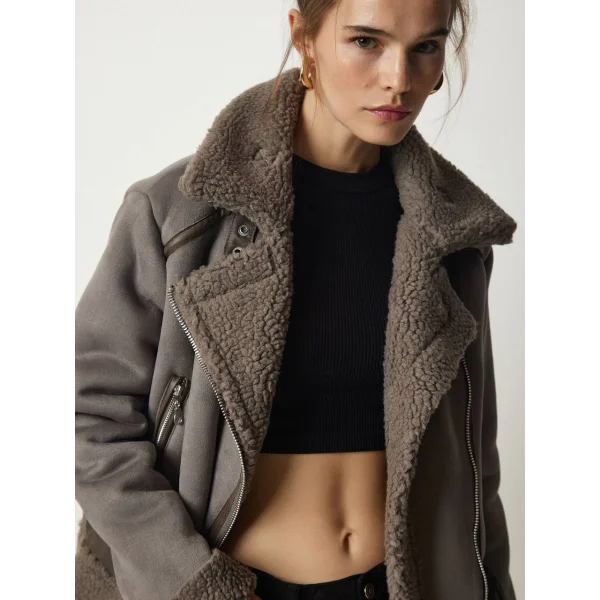 PELUŞ YAKA KEMERLİ GRİ NUBUK BİKER CEKET