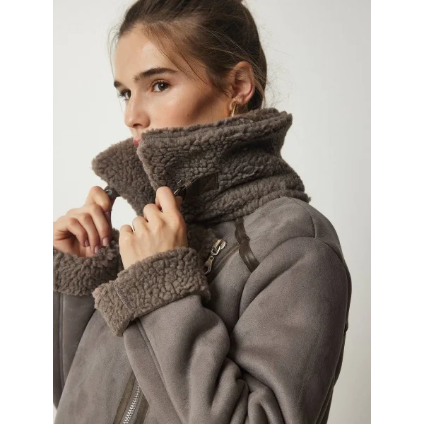 PELUŞ YAKA KEMERLİ GRİ NUBUK BİKER CEKET