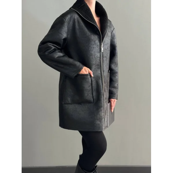 DERİ KÜRKLÜ MİDİ SİYAH KABAN