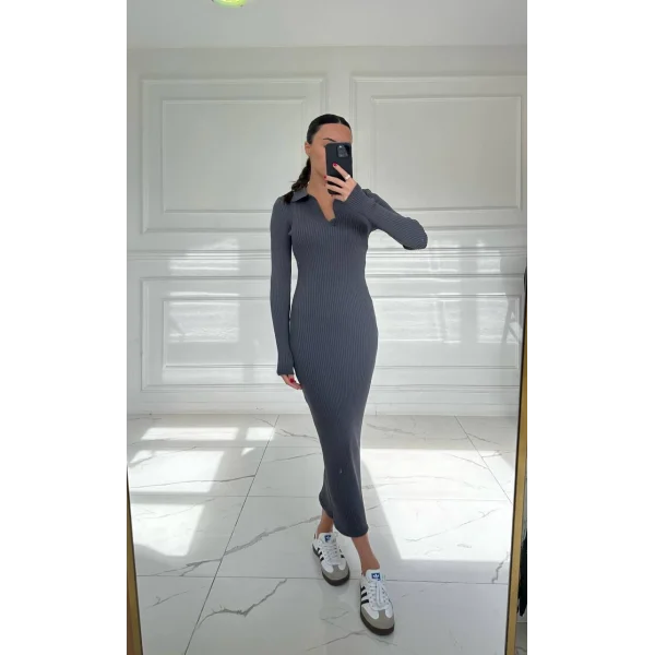 GRİ POLO YAKA UZUN KOLLU TRİKO ELBİSE