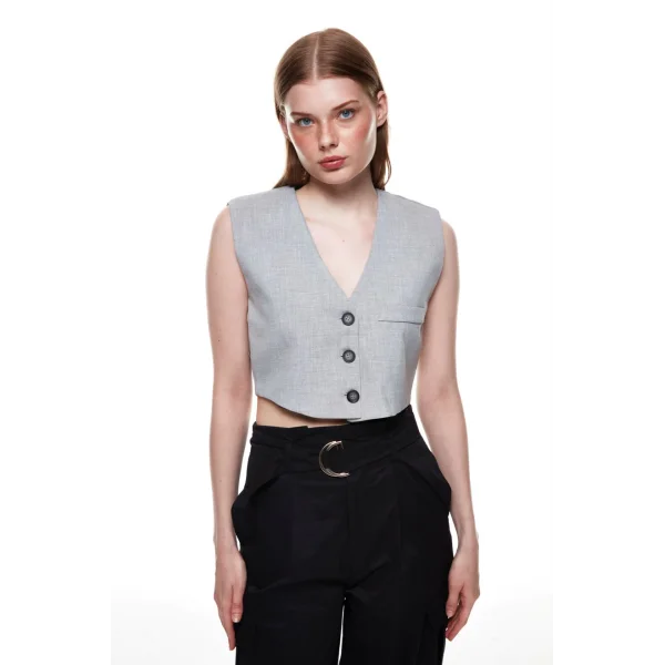 DÜĞME DETAYLI YELEK CEKET AÇIK GRİ