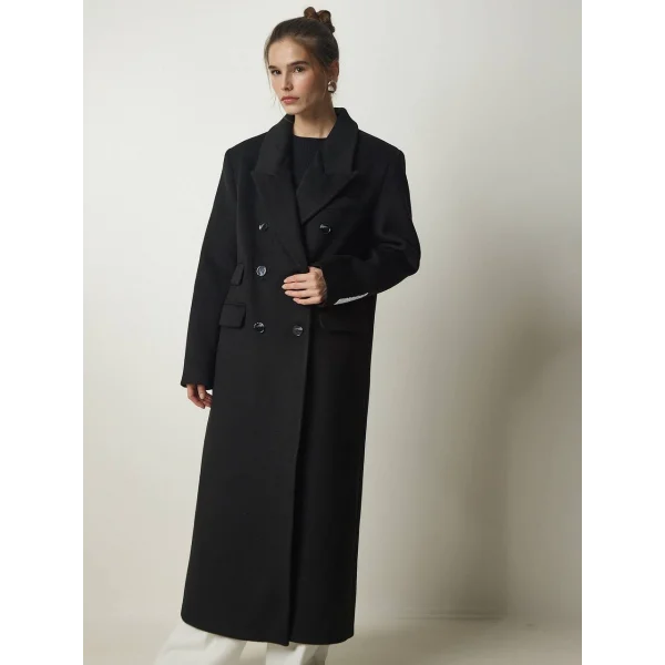 DÜĞMELİ YÜN KARIŞIMLI SİYAH KABAN