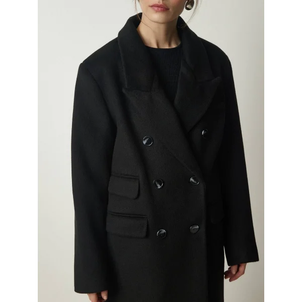 DÜĞMELİ YÜN KARIŞIMLI SİYAH KABAN