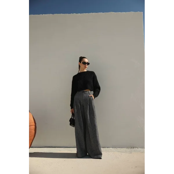 Balıksırtı Pamuklu Palazzo Pantolon Siyah