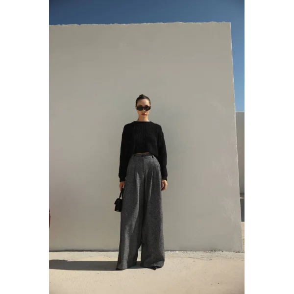 Balıksırtı Pamuklu Palazzo Pantolon Siyah