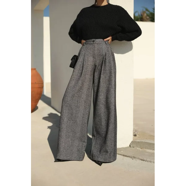 Balıksırtı Pamuklu Palazzo Pantolon Siyah