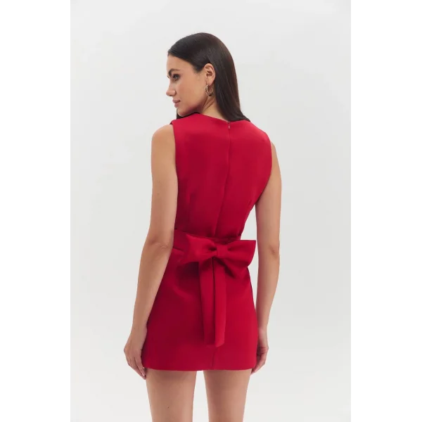 DALGIÇ KUMAŞ FİYONK KEMERLİ KIRMIZI MİNİ ELBİSE