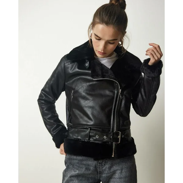 SİYAH KÜRKLÜ DERİ BİKER CEKET