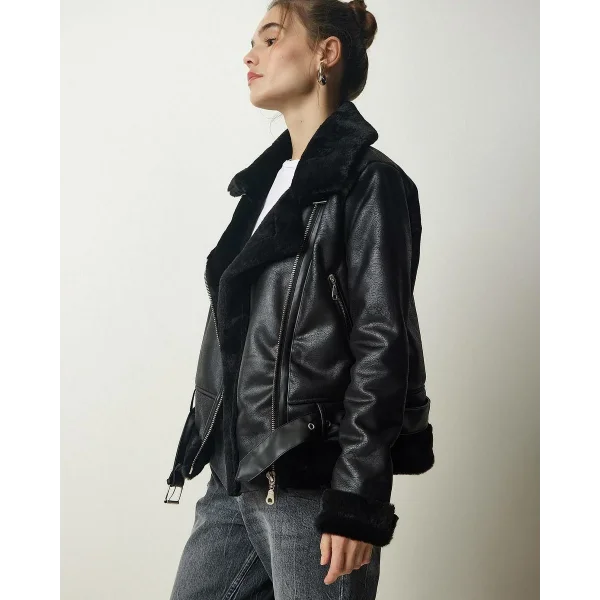 SİYAH KÜRKLÜ DERİ BİKER CEKET