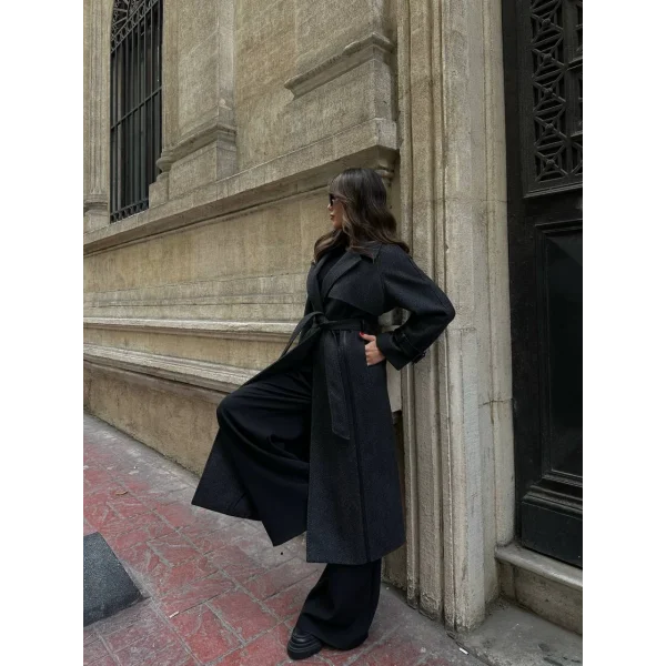 PREMİUM MODEL DERİ KOL SİYAH YÜN KABAN