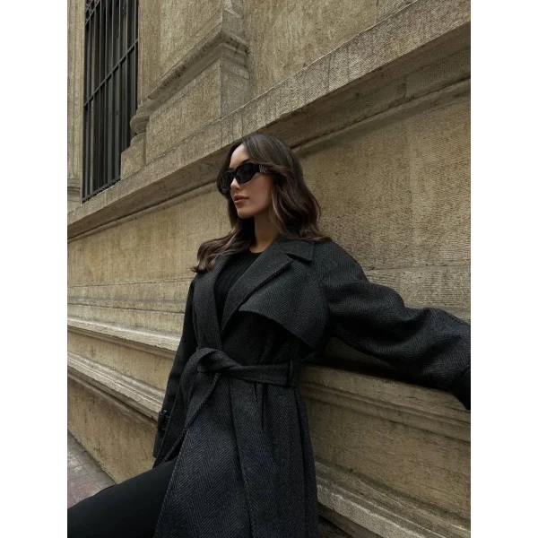 PREMİUM MODEL DERİ KOL SİYAH YÜN KABAN