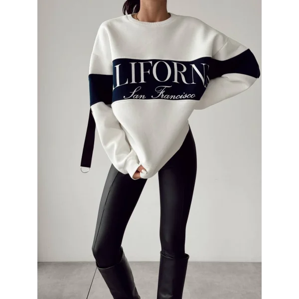 BASKI DETAYLI BEYAZ PAMUKLU SWEATSHİRT