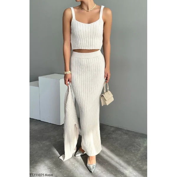 FİTİLLİ KREM TRİKO TAKIM ETEK HIRKA CROP