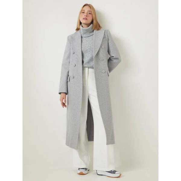 YIRTMAÇLI DÜĞMELİ GRİ YÜN KABAN