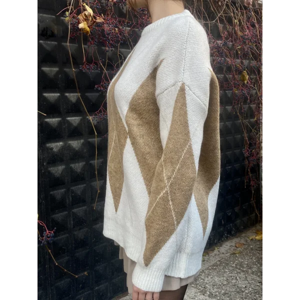 EKRU CAMEL BAKLAVA DESENLİ KAZAK