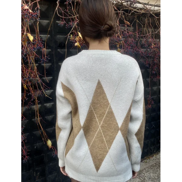 EKRU CAMEL BAKLAVA DESENLİ KAZAK