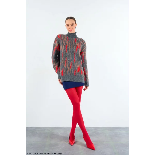 Desenli Balıkçı Yaka Kazak - Antrasit/kırmızı