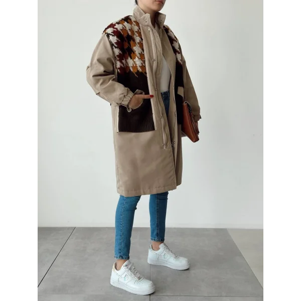 TRİKO GARNİLİ TRENÇKOT HAKİ TAŞ