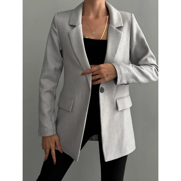 Yün Efekt Kumaş Tek Düğme Gri Blazer Ceket