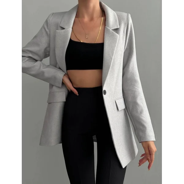 Yün Efekt Kumaş Tek Düğme Gri Blazer Ceket