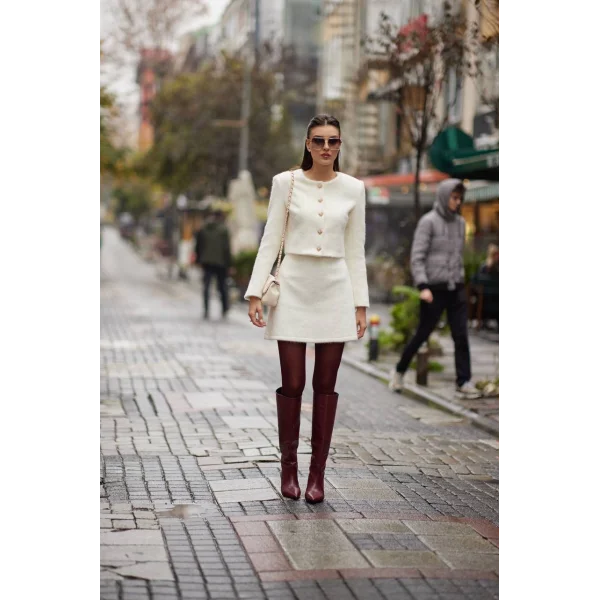 KAŞMİR DOKULU CEKET ETEK BEYAZ