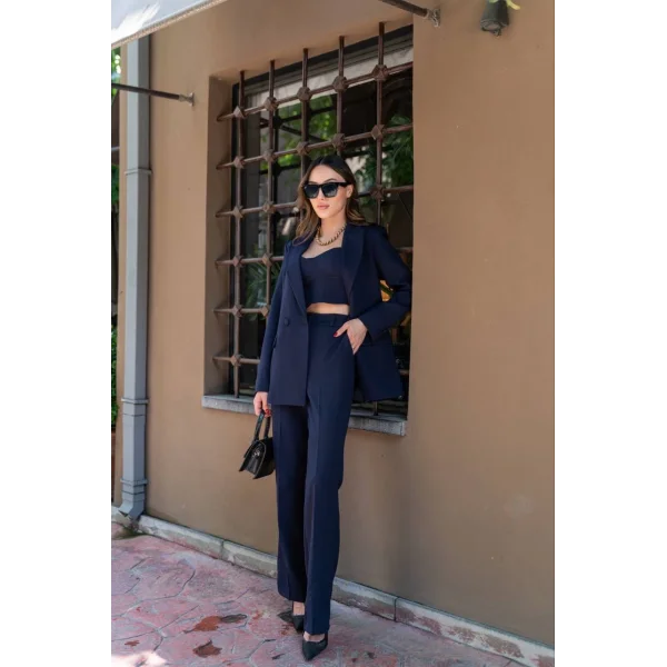 Crop Blazer Ceket Pantolon Takım Lacivert