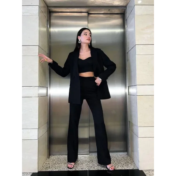 SİYAH CROP BLAZER CEKET PANTOLON TAKIM